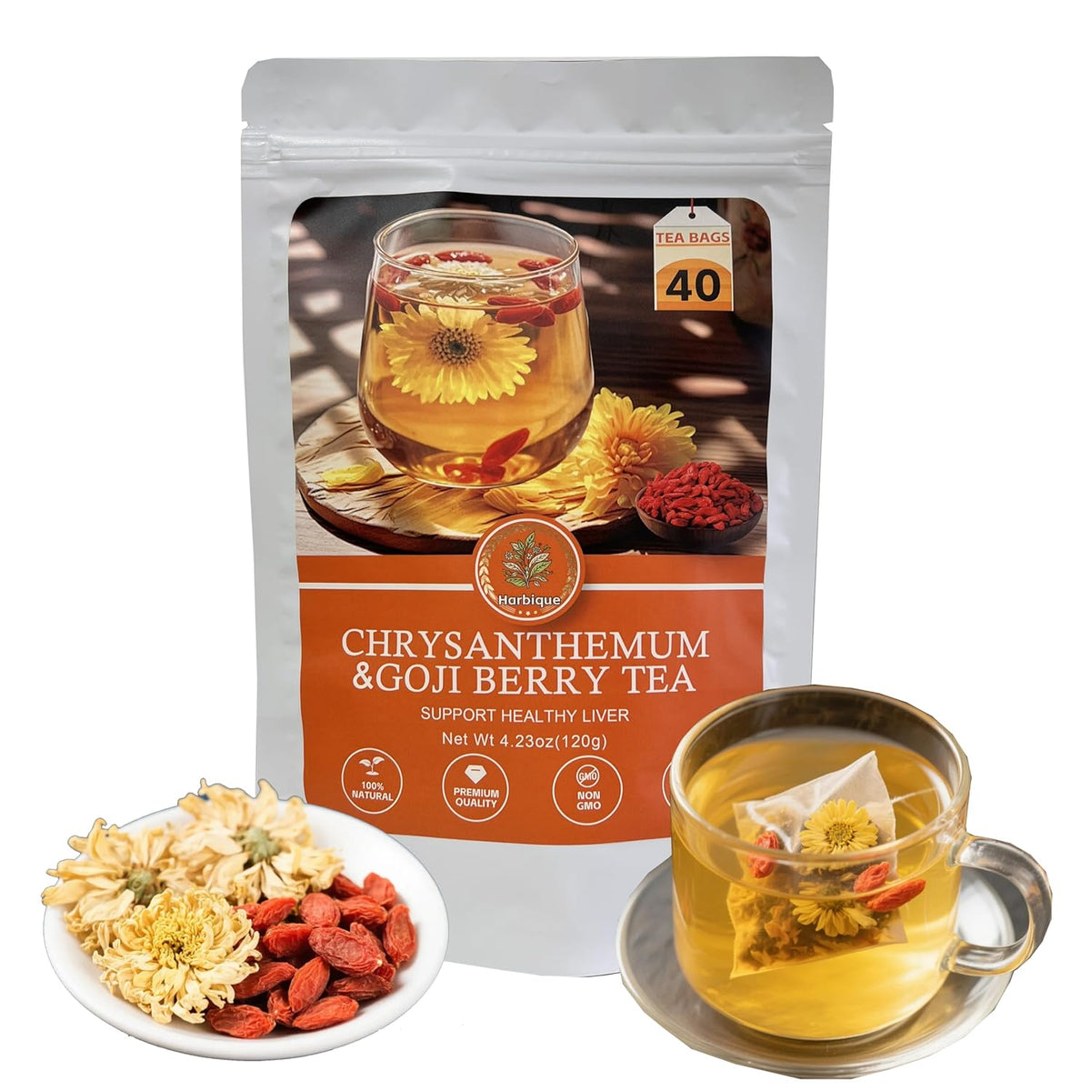 Organic Chinese Chrysanthemum Wolfberry (Goji Berry) Herbal Tea, Caffeine-Free Calming Relaxation Blend, Non-GMO, 40Tea Bags