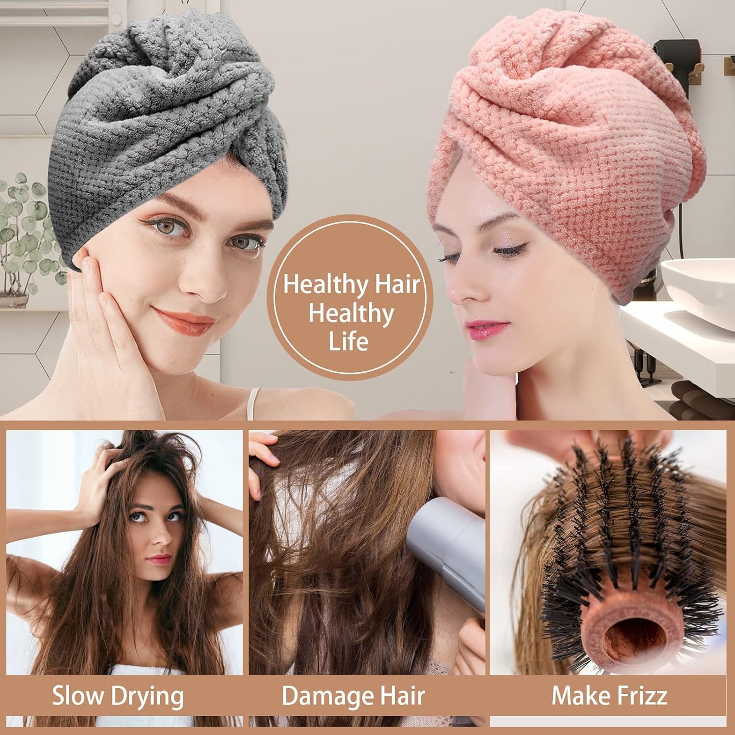 CZZXI 3 PCS Microfiber Hair Towel, Hair Wraps for Women Wet Hair, Fast Drying Hair Turban, Anti Frizz Head Towels Wrap for Curly Hair (Purple, Pink, Blue)