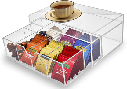 Heavy-Duty Acrylic Tea Bag Organizer, 8-Compartment Storage Box | Perfect Organizer: 8-compartment design keeps tea bags and coffee pods neatly sorted, saving space on your countertop.