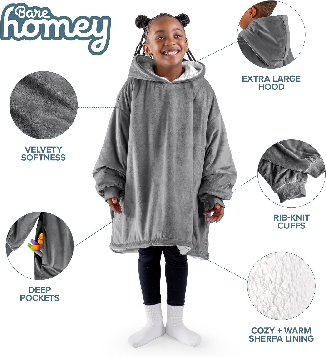 Bare Home Wearable Blanket Hoodie - Soft Plush Sherpa - Warm and Cozy - Oversized Wearable Blanket
