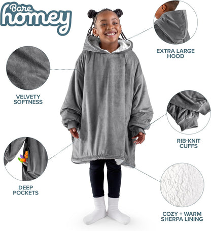 Bare Home Wearable Blanket Hoodie - Soft Plush Sherpa - Warm and Cozy - Oversized Wearable Blanket