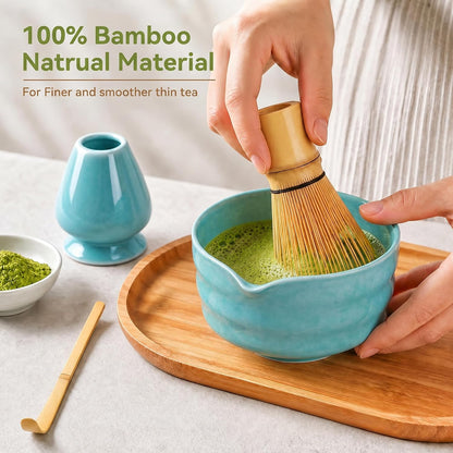 Matcha Whisk Set with Ceramic Bowl - Complete Matcha Making Kit, Bamboo Whisk (Chasen), Whisk Holder, Matcha Powder Sifter, Scoop, Japanese Tea Ceremony Tools（Green）