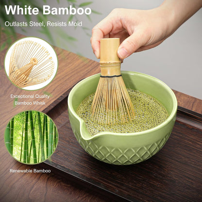 Matcha Whisk Set, 7 Pcs Matcha Kit, Ceramic Matcha Set Includes Matcha Bowl with Spout, Matcha Whisk and Holder, Bamboo Scoop, Scoop Rest, Sifter and Tea Towel (Ceramic White)