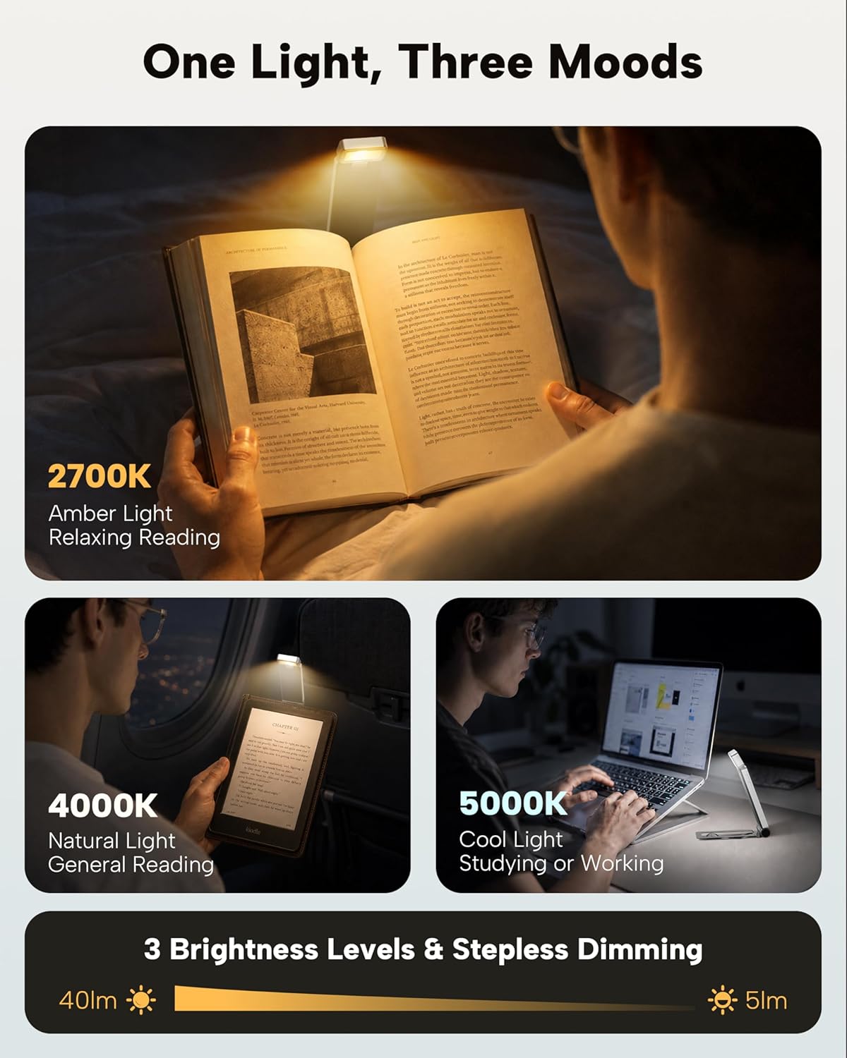 86lux Book Light, Rechargeable Clip-On LED Reading Light for Bed & Night Use - 3 Color Temperatures with Stepless Dimming, Ultralight Bookmark Design for Book Lovers, Grey