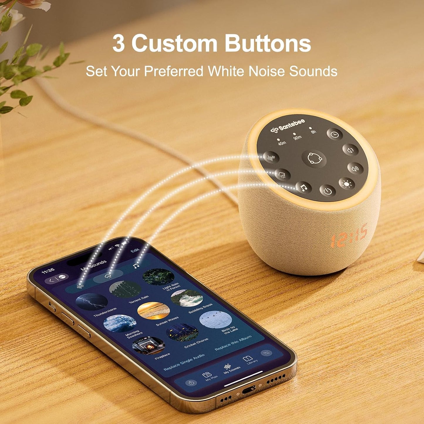 Santebee Sound Machine for Sleep, Smart White Noise Sound Machine 388 Soothing Sounds, 3 Custom Buttons APP Control Night Light, Noise Canceling Dimmable Clock for Adults Baby Kids Lullaby Office
