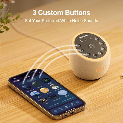 Santebee Sound Machine for Sleep, Smart White Noise Sound Machine 388 Soothing Sounds, 3 Custom Buttons APP Control Night Light, Noise Canceling Dimmable Clock for Adults Baby Kids Lullaby Office