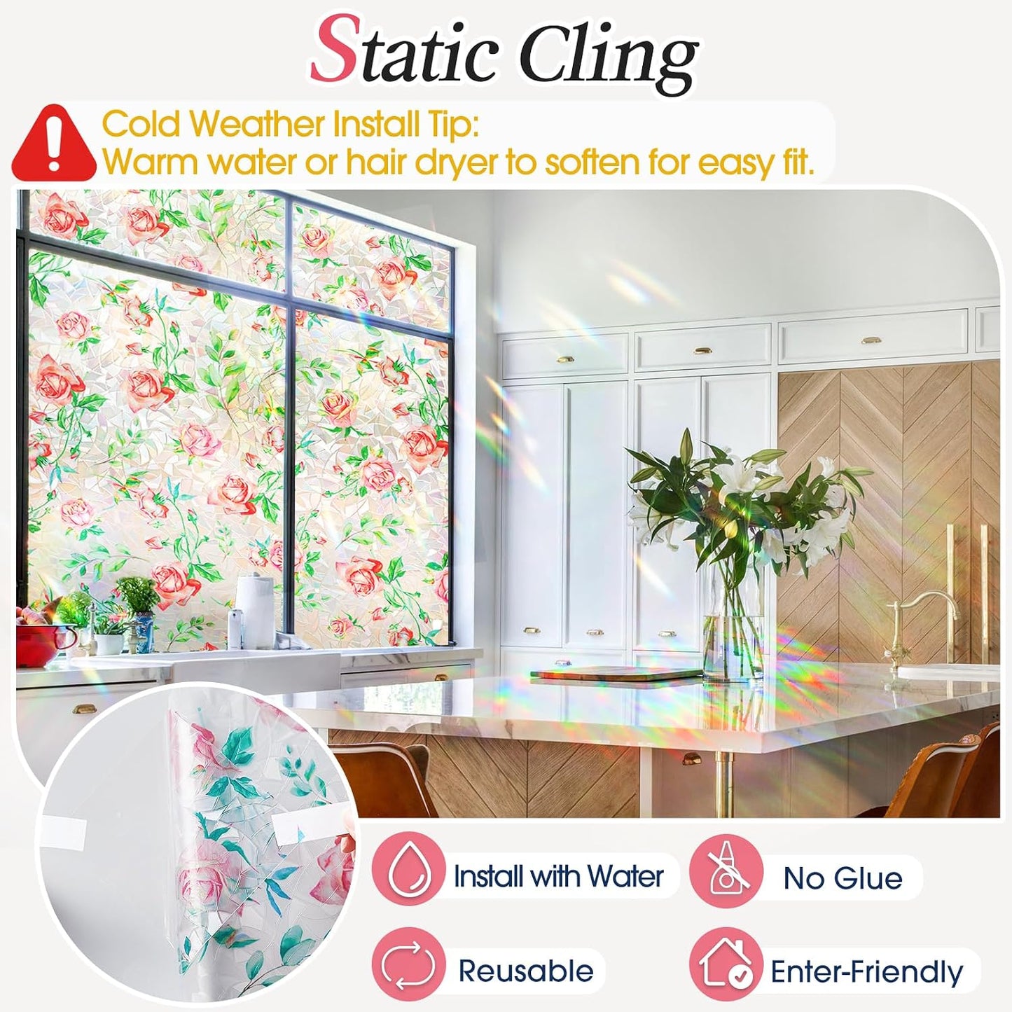 Coavas Blackout Window Privacy Film, Frosted Glass Static Cling, Decorative for Bathroom Door, UV Blocking Window Cling, Non-Adhesive Vinyl Sticker, Day and Night Windows Tint for Home,11.8x78.7 inch