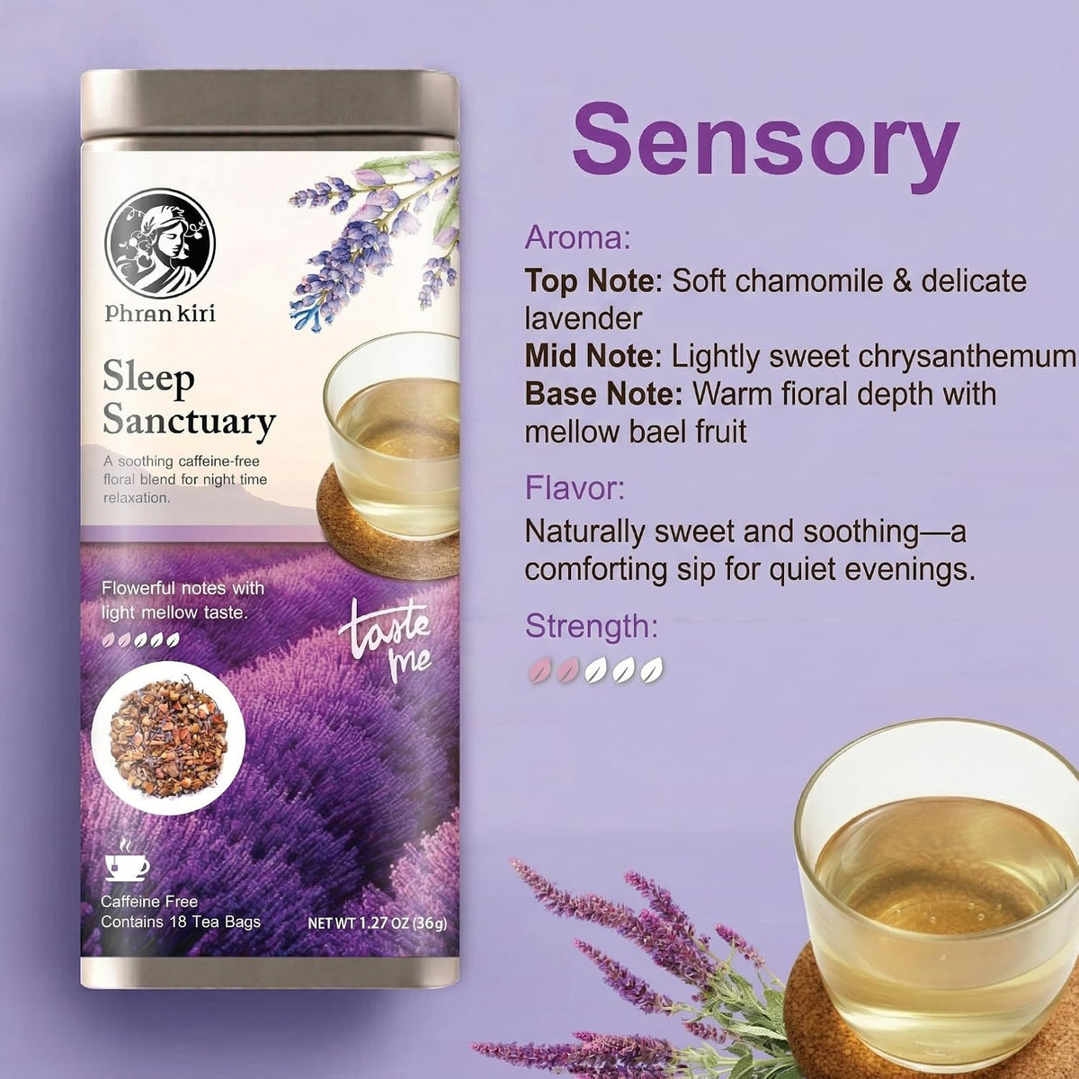 Sleep Sanctuary by Phran kiri - Caffeine-Free Herbal Tea Bags for Night Time Relaxation, Soothing Lavender & Chamomile Herbal Teas for a Cozy Evening Ritual, 18 Count (1.27 oz)