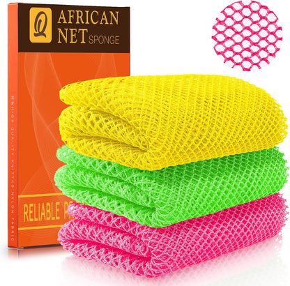UJFQBH 3 Pack African Net Sponge, African Exfoliating Net Bath Sponge Long Net Bath Sponge Exfoliating Shower Body Scrubber Back Scrubber Skin Smoother,Great for Daily Use (Pink,Yellow,Purple) - Colors B