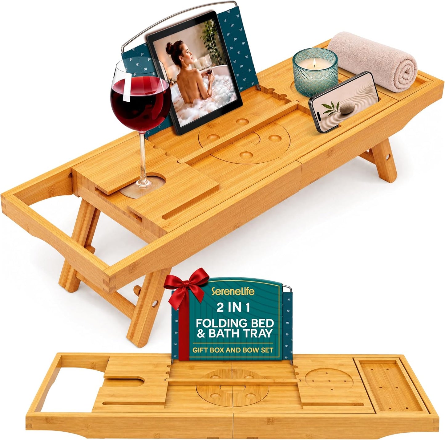SereneLife Bath Caddy Breakfast Tray Combo - Natural Bamboo Wood Waterproof Tub and Bed with Folding Slide-Out Arms, Device Grooves, Wine Glass Soap Holder