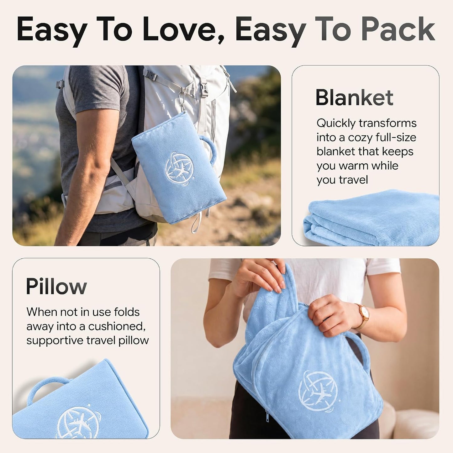 2-in-1 Travel Blanket and Pillow – Lightweight, Compact, Ultra Soft, Machine Washable – Handle, Luggage Sleeve, Backpack Clip – for Travel Airplane, Car, Office (Gray)