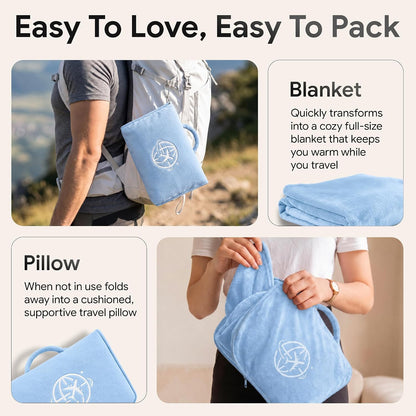 2-in-1 Travel Blanket and Pillow – Lightweight, Compact, Ultra Soft, Machine Washable – Handle, Luggage Sleeve, Backpack Clip – for Travel Airplane, Car, Office (Gray)