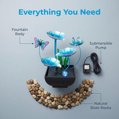 Tabletop Fountain,Indoor Water Fountain,Home Fengshui Décor Zen Relaxation Soothing Sound Machine for Office,Living Room,or Bedroom,Green Lotus,Hummingbird & Pink Flower,9.1inch