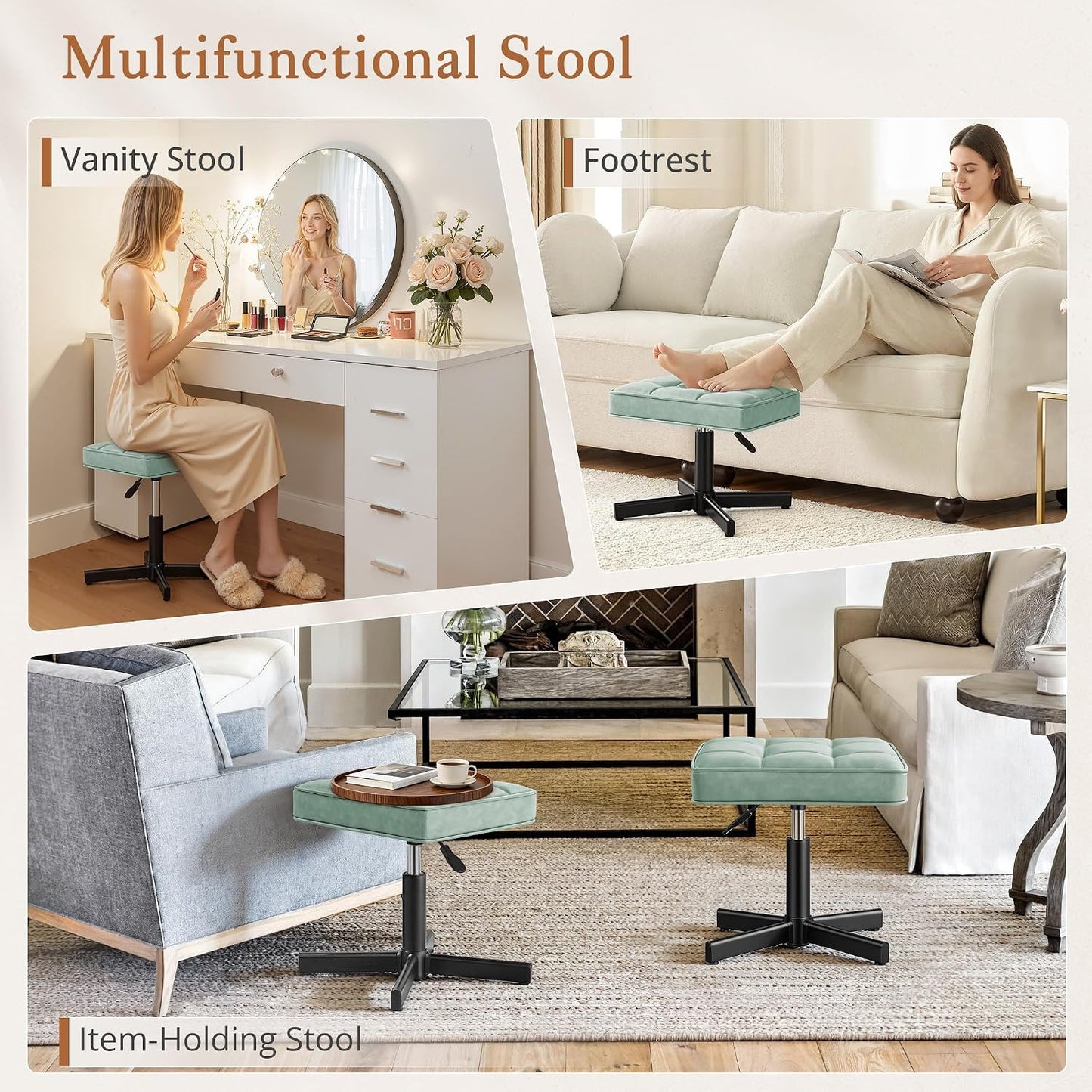 LUE BONA Adjustable Vanity Stool, Foot Rest Under Desk, 360° Swivel Vanity Chair for Makeup Room, Black Upholstered Faux Leather Ottoman for Bathroom & Living Room, 300lbs