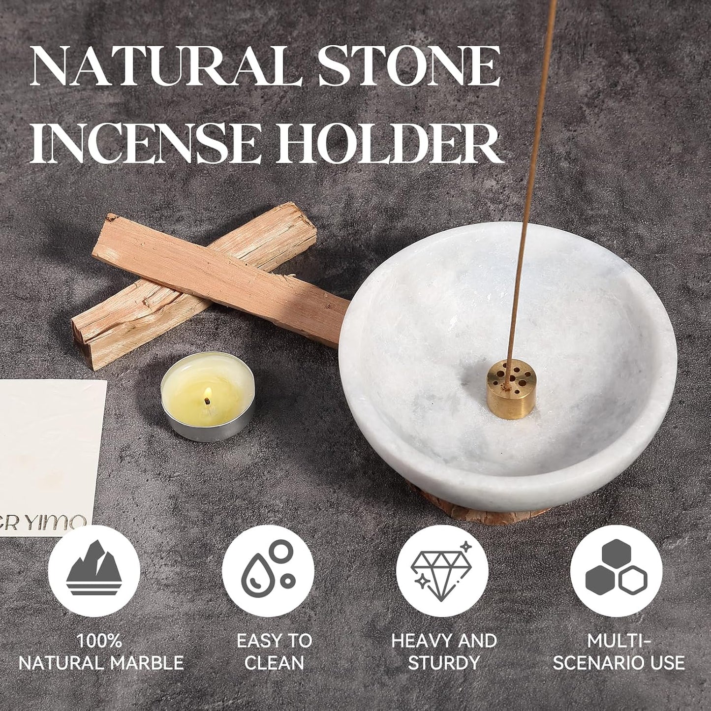 Koville Natural Marble Incense Holder, Incense Holder for Sticks with 9 Holes, Handmade Incense Burner Ash Catcher for Meditation Yoga SPA, Balsam Fir/Palo Santo/Sage/Cone (White)
