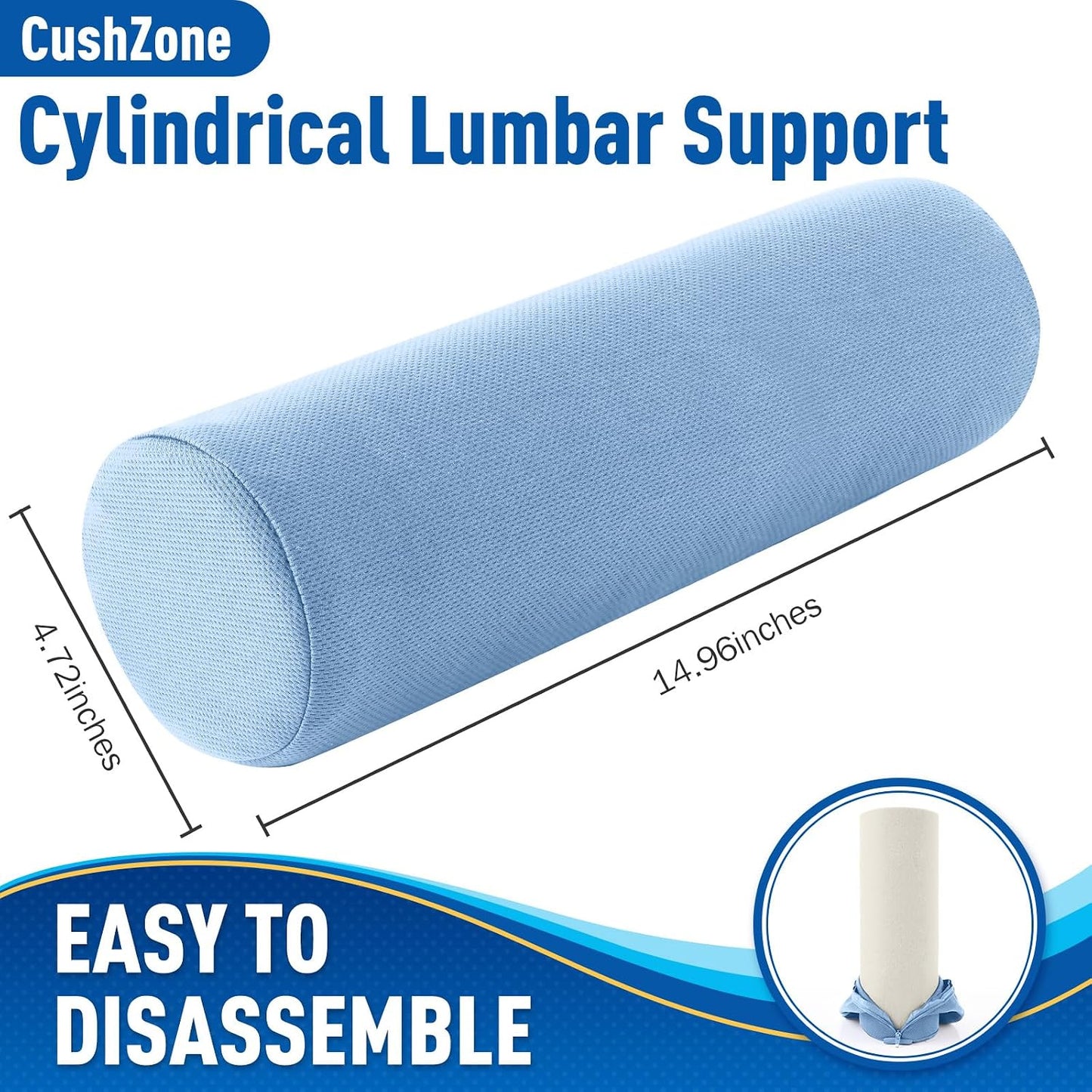 CushZone Lumbar Roll Support Pillow for Office Chair, Car, Gaming Chair, Memory Foam Back Cushion with Washable Cover for Relieving Back Pain & Improving Posture,Black