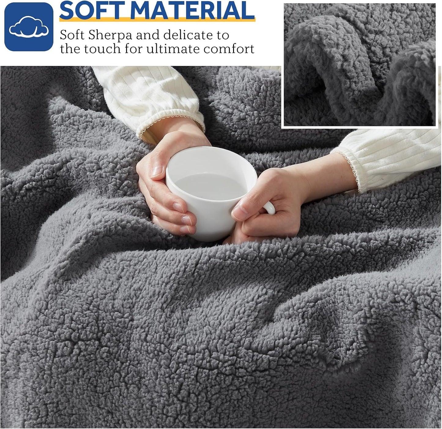 Sealy Electric Blanket Heated Throw 50"x60" Soft Double Sherpa Super Cozy with 6 Fast Heating Levels & 2-10 Hours Auto-Off, Over-Heat Protection, Machine Washable, Charcoal