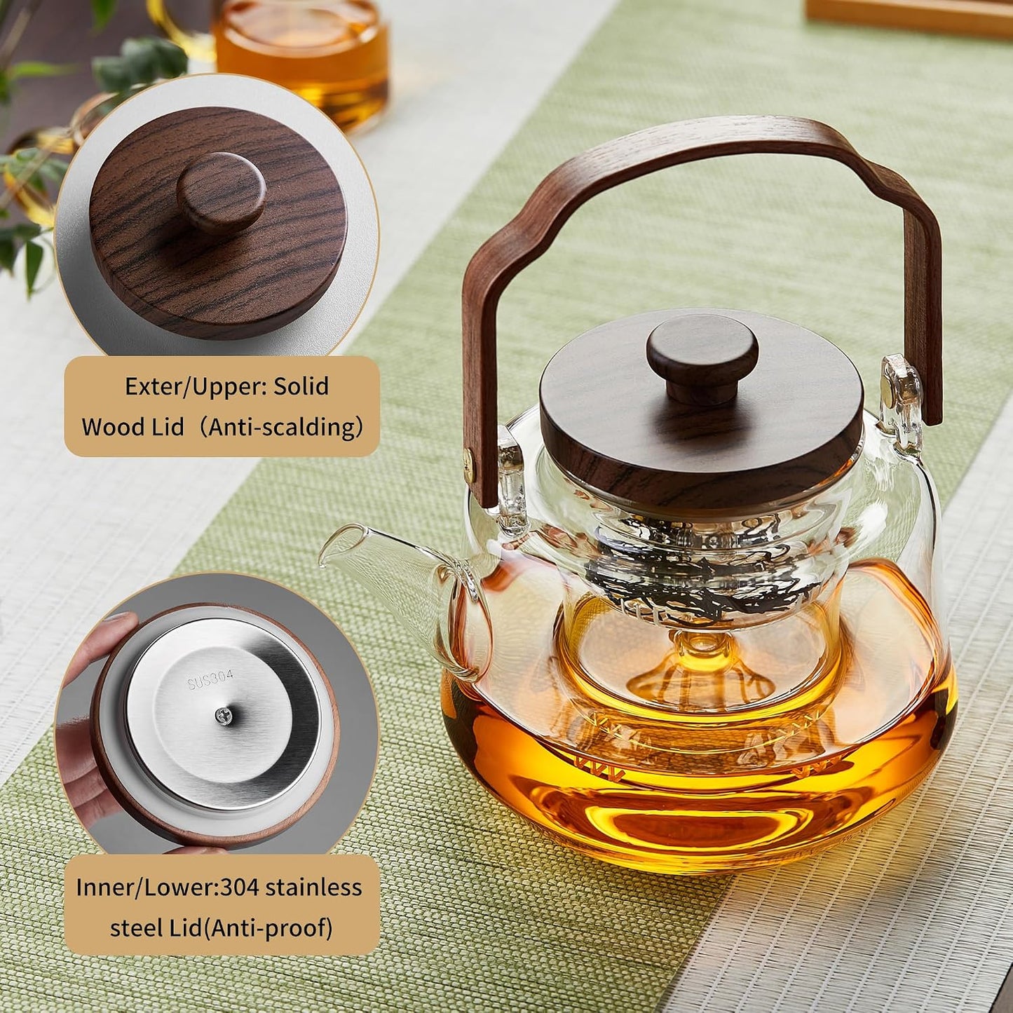 Glass Teapot with 2 Infusers, Heat Borosilicate Glass, Stovetop Safe Tea Kettle, Glass Tea Pot with Infuser and Lid for Loose Tea, 1090ml/36.9oz