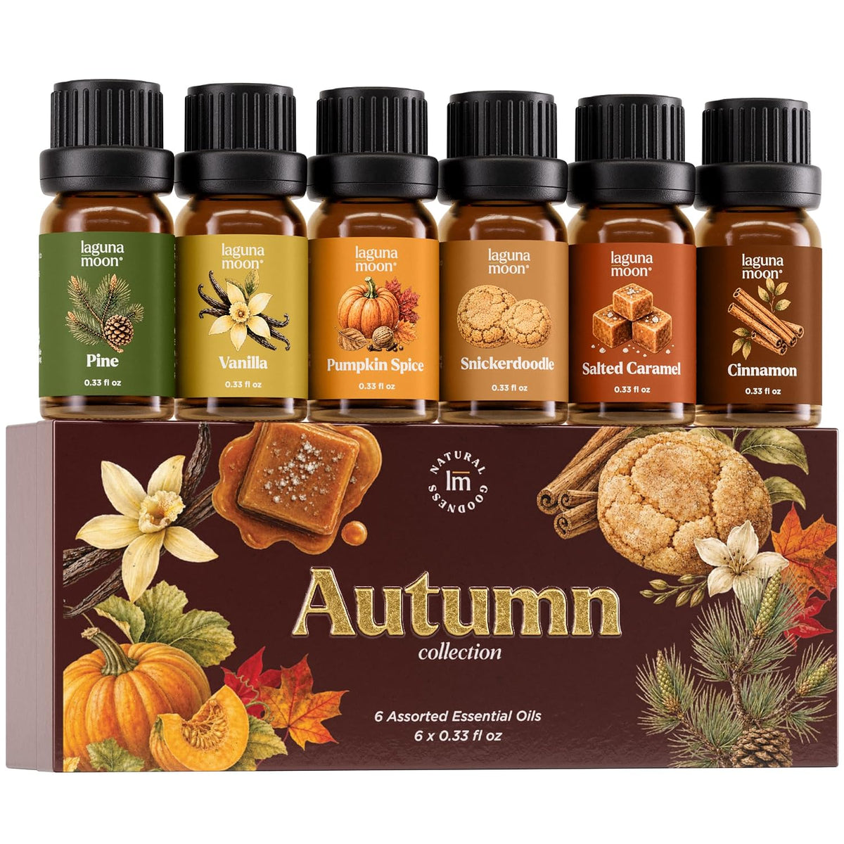 Lagunamoon Essential Oils Aromatherapy Set - 6 Oils for Diffusers, Home Care, Candle Making Scents, Fragrance, Humidifiers, Gifts - Peppermint, Tea Tree, Lavender, Eucalyptus, Orange (10mL)
