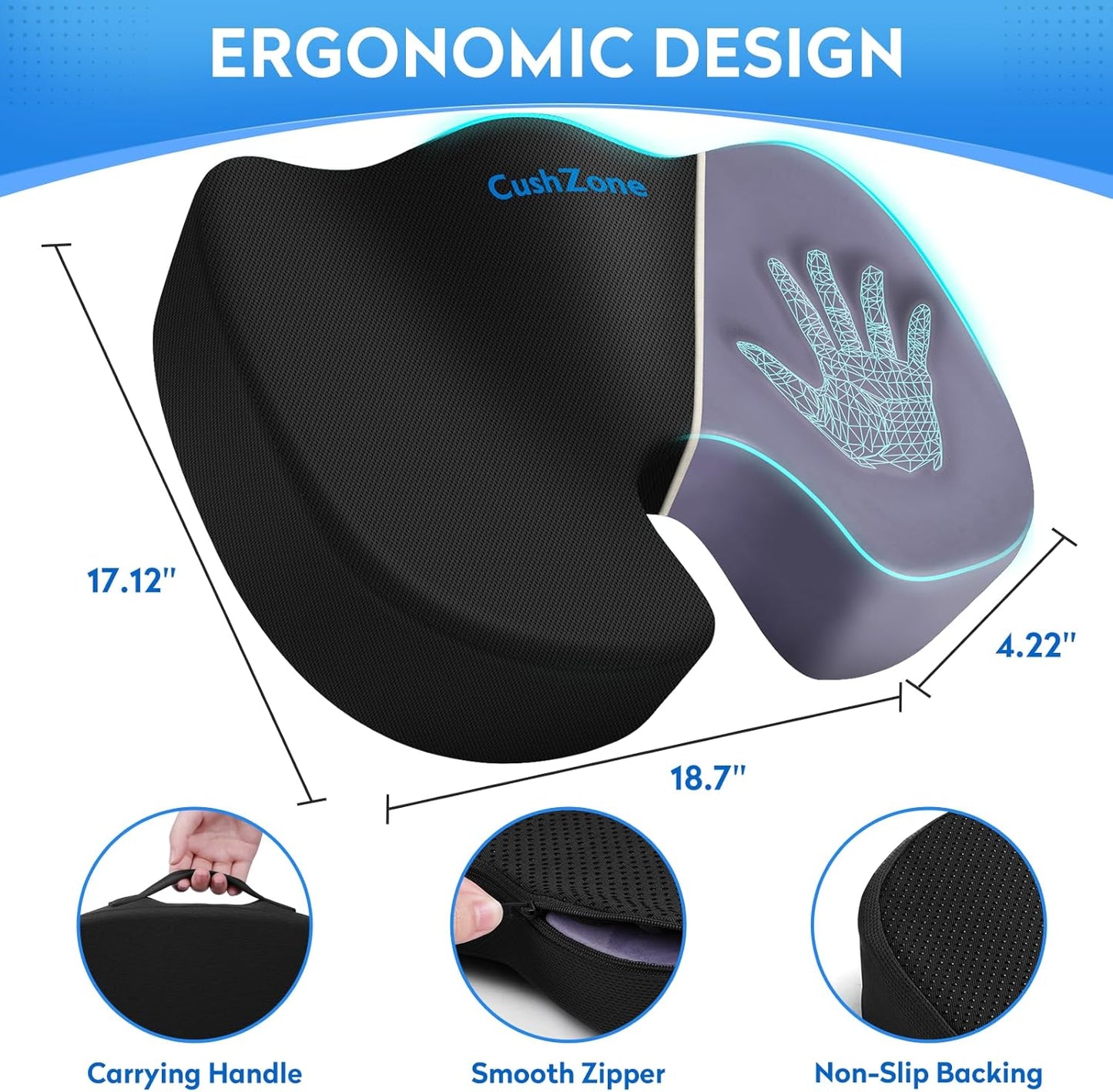 CushZone Seat Cushion - Memory Foam Office Chair Cushion for Sciatica, Tailbone & Back Pain Relief - Orthopedic Coccyx Pillow for Car, Airplane, Pregnancy & Long Sitting at Work, Black