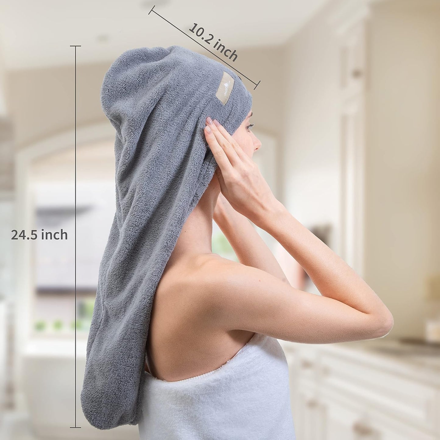 myHomeBody Hair Towel Wrap, Luxury Quick Drying Turban, Ultra Soft Absorbent Charcoal Fiber Cap, with Coconut Shell Button – Gray