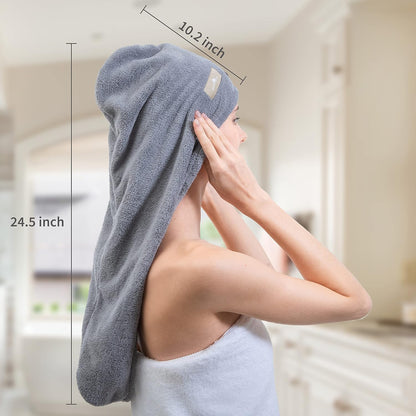 myHomeBody Hair Towel Wrap, Luxury Quick Drying Turban, Ultra Soft Absorbent Charcoal Fiber Cap, with Coconut Shell Button – Gray