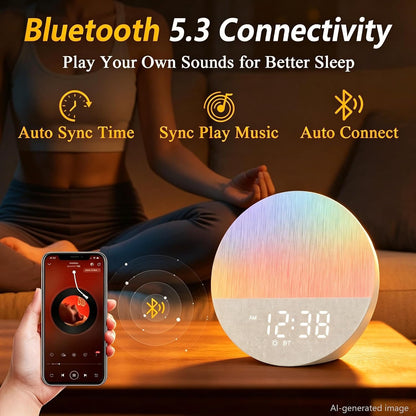Sunrise Alarm Clock with Sounds Machine:Gentle Gradual Wake Up Light for Heavy Sleepers Relieve Anxiety Dimmable Clock with Bluetooth Memory for Bedroom - White Noise Machine with 30 Sleep Sounds