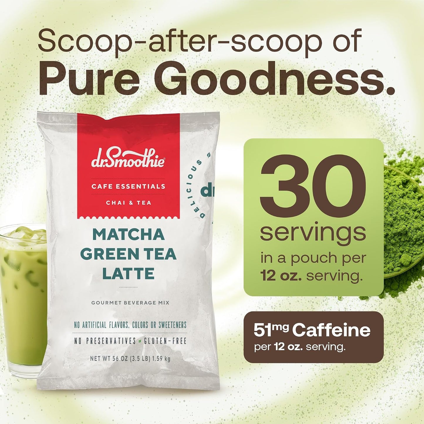 Café Essentials Matcha Green Tea Latte Frappe Mix – No Artificial Colors, Flavors, or Sweeteners – Shelf Stable – 51mg of Caffeine – Great for Hot, Iced, & Frozen Frappes (3.5 lb Bag, 30 Servings)