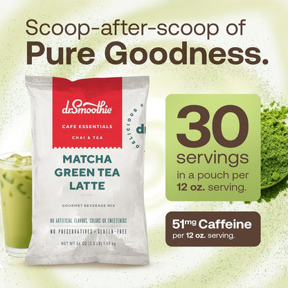 Café Essentials Matcha Green Tea Latte Frappe Mix – No Artificial Colors, Flavors, or Sweeteners – Shelf Stable – 51mg of Caffeine – Great for Hot, Iced, & Frozen Frappes (3.5 lb Bag, 30 Servings)