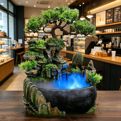 Mini Artificial Bonsai Tree Waterfall Fog Feature Rock Tabletop Fountain | 11in Desktop Decor Waterfall Fountain W/ Water Pump& Atomizer&LED Lights &Fake Tree Office Bedroom Relax