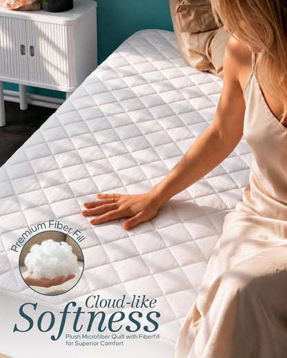 Quilted Fitted Mattress Pad, Queen Mattress Protector Topper with Deep Pocket Stretches up to 16 Inches, Machine Washable Mattress Cover by Utopia Bedding (White)