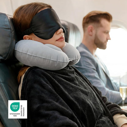 Bedsure Travel Blanket Set with Inflatable Neck Pillow and Eye Mask, Grey