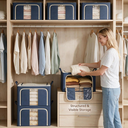 Clothes Storage Bins with Metal Frame Foldable Storage Box Clothes Organizers Storage Containers for Clothes Sheets Blankets Books Toys Gifts and Holiday Decorations (66Lx3 Pack)