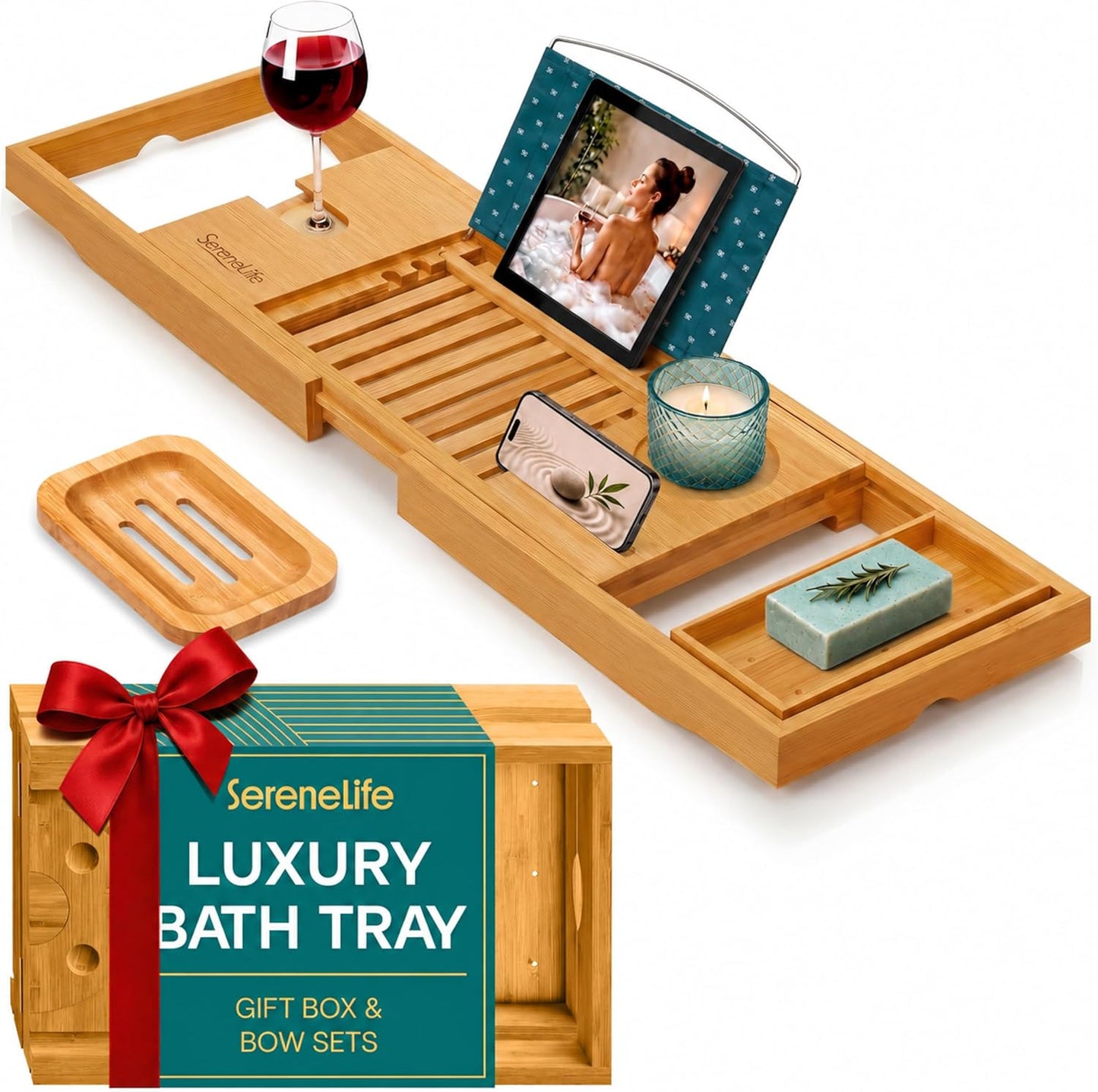 SereneLife 2 in 1 Bed and Bath Tray - Foldable Bamboo Bathtub Caddy with Adjustable Length, Non-Slip, Device Holder, Wine Glass Slot, Expandable for Comfortable Bathing, Natural, Folding Set