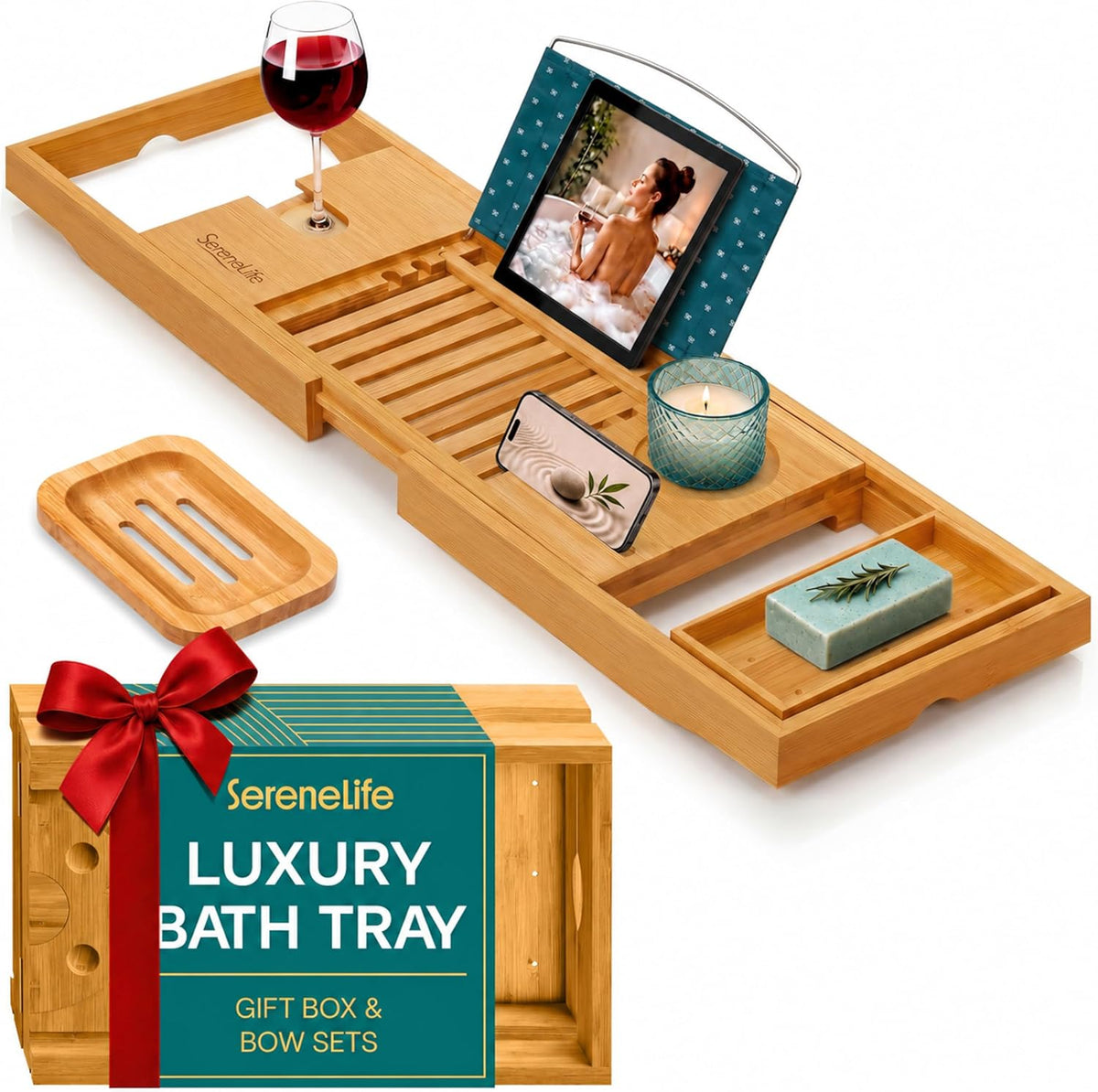 SereneLife 2 in 1 Bed and Bath Tray - Foldable Bamboo Bathtub Caddy with Adjustable Length, Non-Slip, Device Holder, Wine Glass Slot, Expandable for Comfortable Bathing, Natural, Folding Set