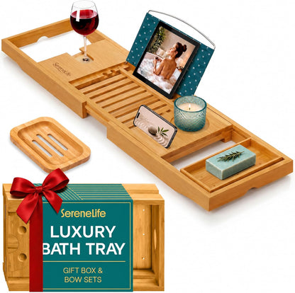 SereneLife 2 in 1 Bed and Bath Tray - Foldable Bamboo Bathtub Caddy with Adjustable Length, Non-Slip, Device Holder, Wine Glass Slot, Expandable for Comfortable Bathing, Natural, Folding Set