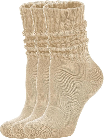 AugRing Women's Scrunch Crew Socks Retro 3-Pack Solid Cotton Boot Calf Chunky Ribbed Cozy Slouchy Socks Size 5-11