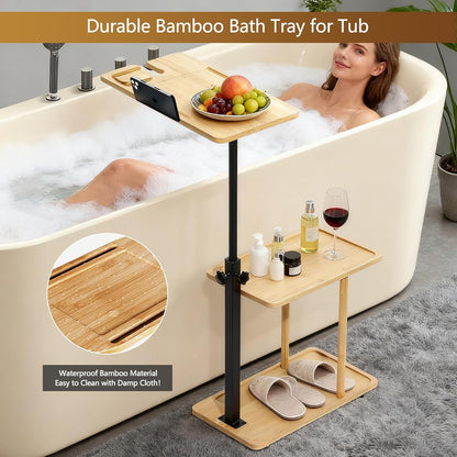 3 Layer Bathtub Tray Table,Bamboo Swivel Bathtub Side Table Height Adjustable,Freestanding Bathtub Tray for Tub Against Wall,Bathtub Accessories&Bathroom Organizer for Luxury Home Spa (Black)