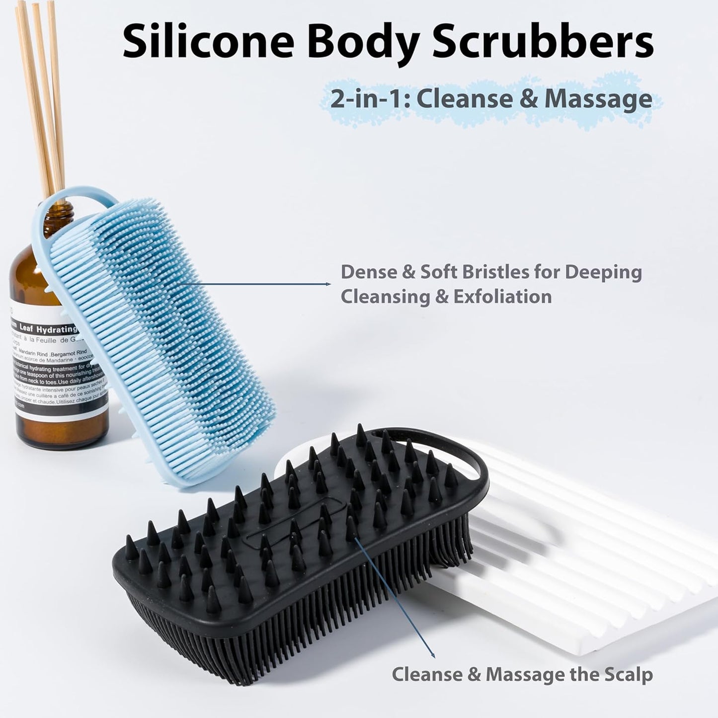 MtBoi 2 PC Silicone Body Scrubber, 2 in 1 Exfoliating Shower Bath Scrubber, Soft Silicone Loofah for Sensitive Skin, Shower Hair Scalp Massager, Easy to Clean, Lather Well (Grey&Black)