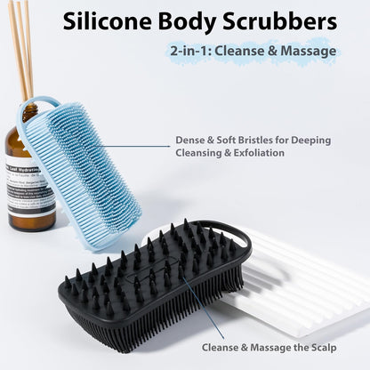 MtBoi 2 PC Silicone Body Scrubber, 2 in 1 Exfoliating Shower Bath Scrubber, Soft Silicone Loofah for Sensitive Skin, Shower Hair Scalp Massager, Easy to Clean, Lather Well (Grey&Black)