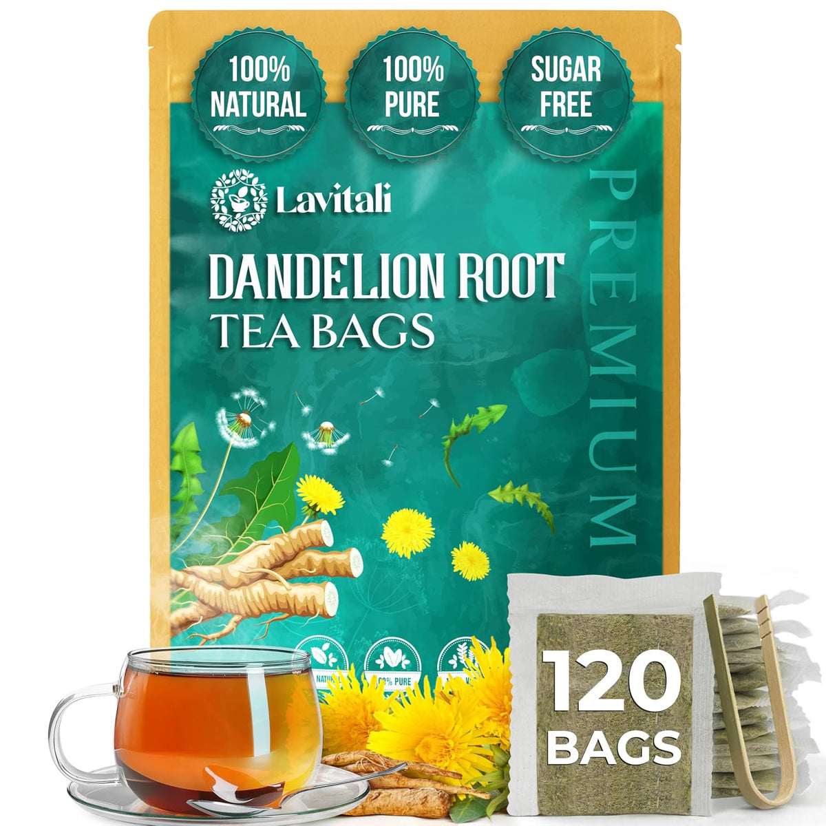 Lavitali, Dandelion Tea Bags | 120 bags, 100% Pure Herbal Tea | Caffeine-Free, Eco-Friendly Filter Bag | Daily Natural Botanical, Hot or Iced Herbal Infusion