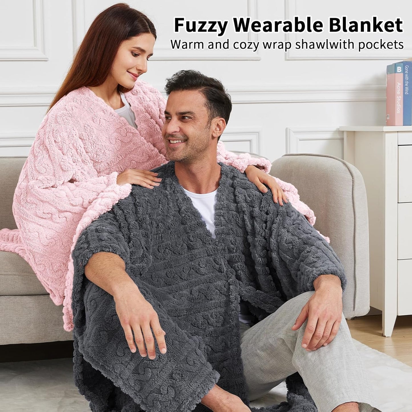 Wearable Blanket Poncho Cape Wrap for Adult, Cozy Sherpa Fleece Pocketed Shawl TV Throw Blankets for Office and Lounge(Purple,58'' x 64'')