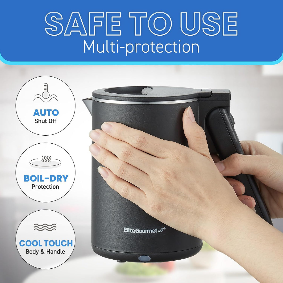 Elite Gourmet 1.7L Dual-Wall Cool-Touch Tea Kettle, Touchscreen, Black