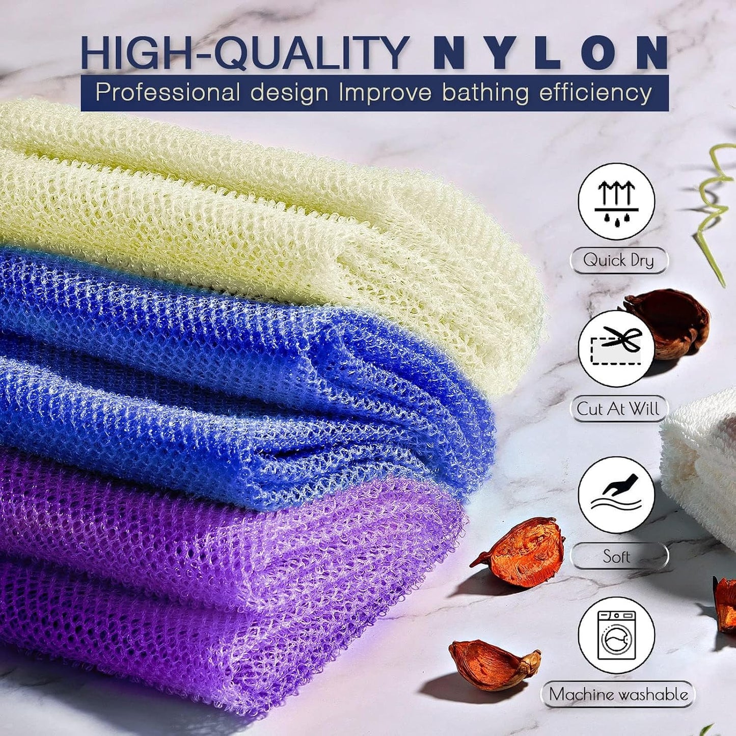 UJFQBH 3 Pieces African Bath Sponge African Net Long Net Bath Sponge Exfoliating Shower Body Scrubber Back Scrubber Skin Smoother,Great for Daily Use (Pink,Yellow,Purple)