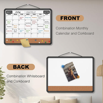 Monthly Calendar Dry Erase Board 16x12 Inch, Double-Sided Whiteboard and Corkboard Combo, Wall Mounted Planner Organizer with Markers, Magnets, Push Pins, Eraser, for Home Office School