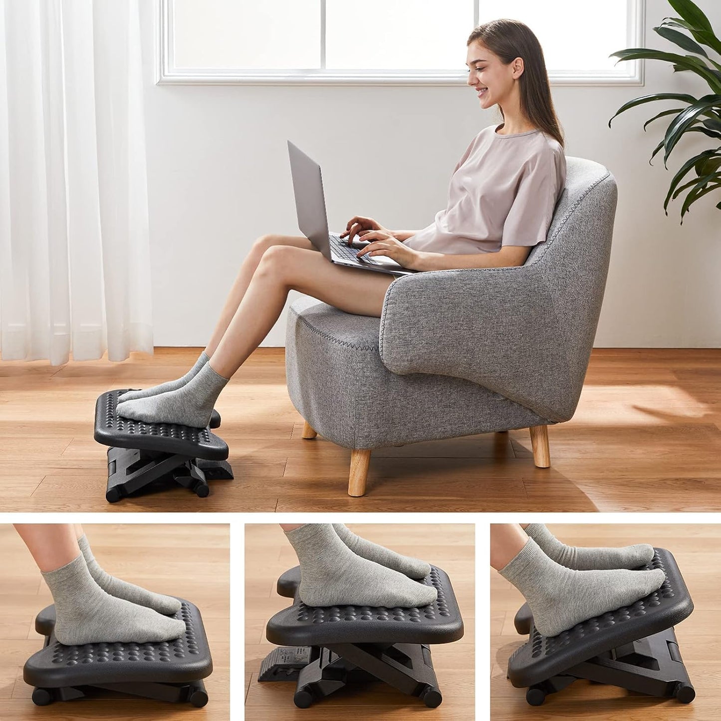 HUANUO Adjustable Desk Footrest, Foot Rest for Under Desk at Work with Massage, Adjustable Foot Stool with 3 Height Position & 30 Degree Tilt Angle Adjustment for Home, Office, White