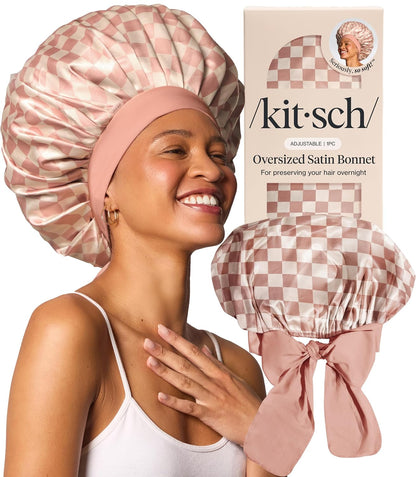 Kitsch XL Satin Bonnet for Sleeping - Softer Than Silk Bonnet For Sleeping Women - Secure Fit, Adjustable, Night Cap For Curly & Textured Hair - Prevents Breakage, Tangles & Thinning - Blush