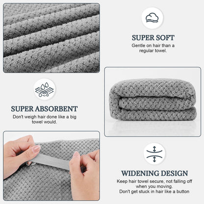 2 Pack Microfiber Hair Towel - 41 x 24 inches Super Soft, Absorbent, Fast Drying Without Frizz Hair Towel Wrap for Women Long, Thick, Curly Hair - Hair Turbans with Elastic Strap