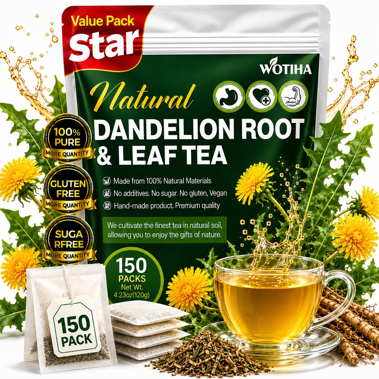 WOTIHA 60 Count Premium Dandelion Root Tea Bags - 100% Natural Roasted, Supports Liver & Kidney Health, Digestion & Immunity, Caffeine-Free, Additive-Free, Gluten-Free, Vegan.