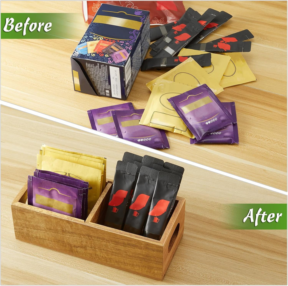 DRASTAR Tea Bag Organizer, Acacia Tea Bag Holder, Tea Storage Containers with 3 Slots, Wooden Tea Storage Accessories, Mini Tea Bag Caddy Box for Countertop